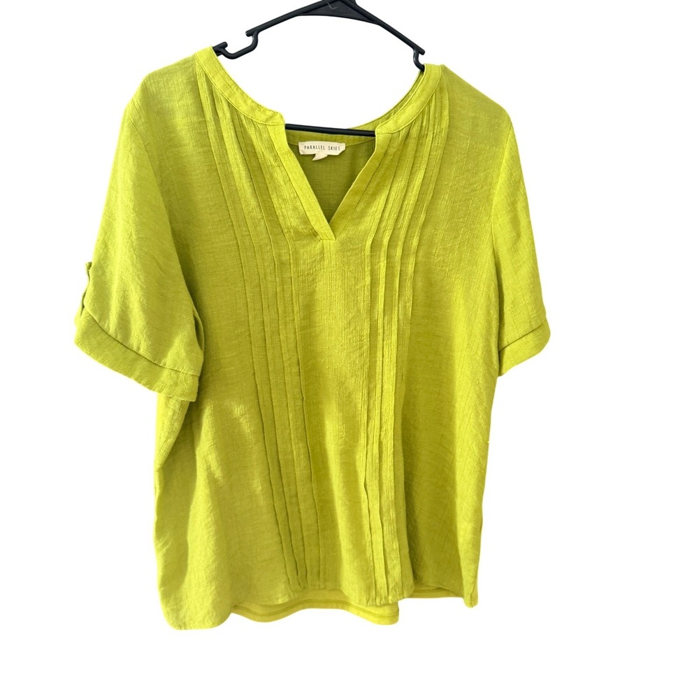 Parallel Skies Womens XL Lime Green Pintuck Pleated V-Neck Lagen Blouse